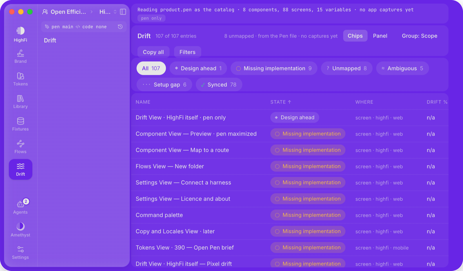 HighFi's Drift view on its own design file: rows by state, with drift percentages